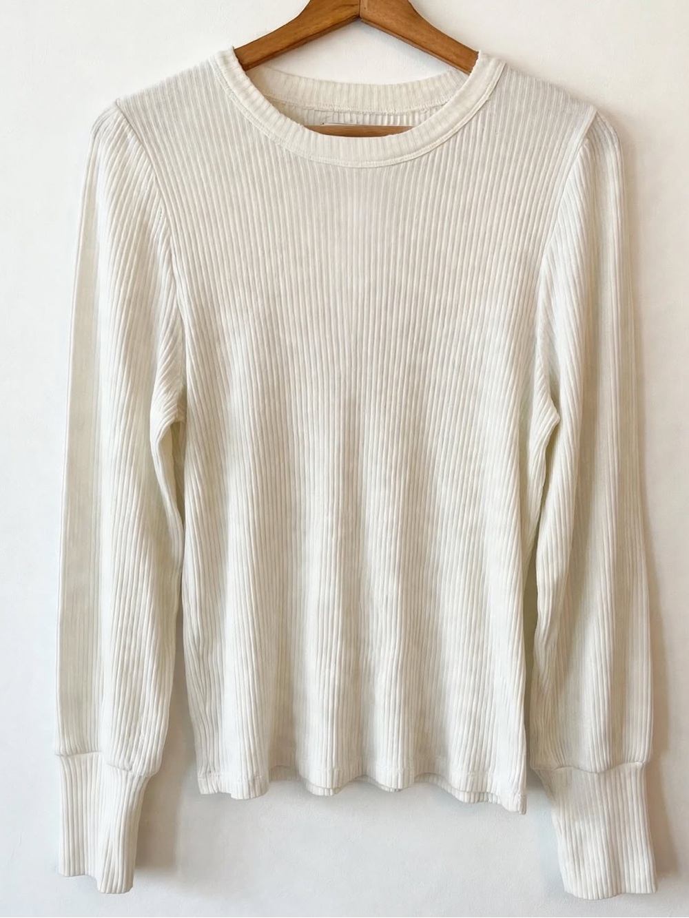 Denver Hayes Cream White Ribbed Long Sleeve Top Puff Shoulder Size M